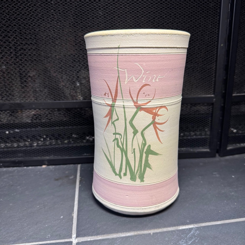 Studio Pottery Hand Painted Floral Wine Chiller Signed Stoneware Vase Pink
